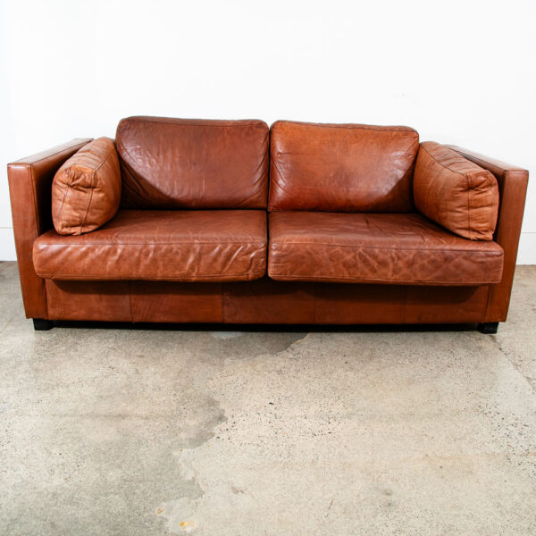 Mid Century Danish Modern Sofa Settee 2 Seater Cubist Brown Leather Denmark Mcm - Image 2
