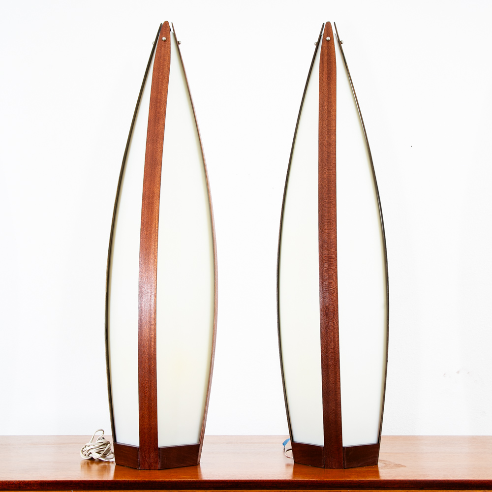 Mid Century Modern Lamp Set Table Light lighting Modeline Wood White Mahogany - Image 4