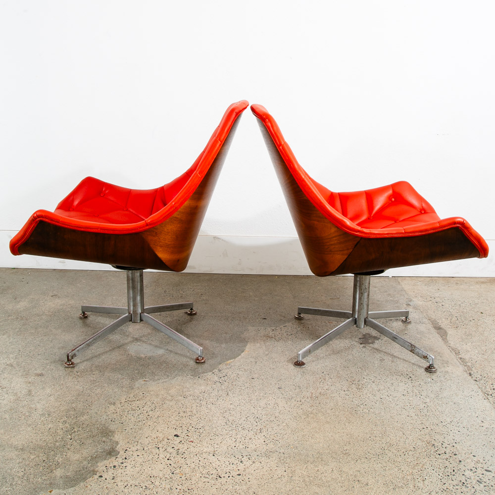 Mid Century Modern Lounge Chair Set Plycraft Orange Tufted Swivel Walnut Metal - Image 3