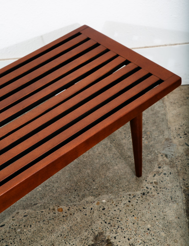 Mid Century Modern Slat Bench Coffee Table American Vintage Brown Wood Restored - Image 7