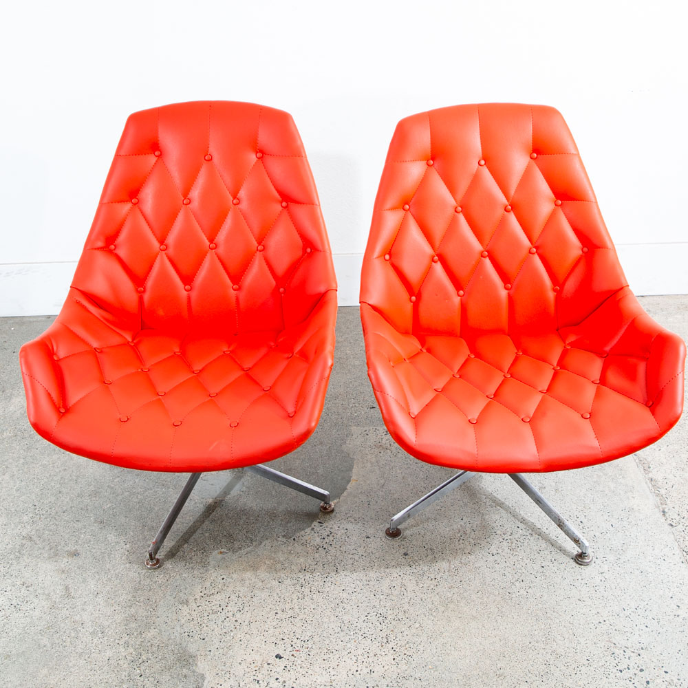 Mid Century Modern Lounge Chair Set Plycraft Orange Tufted Swivel Walnut Metal - Image 4