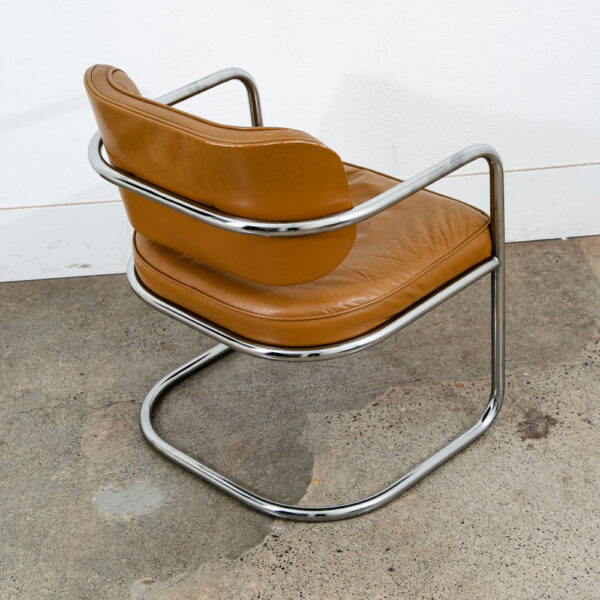 Mid Century Modern Lounge Chair Set Armchair Cognac Tan Caramel Leather Chrome 2 - Image 12