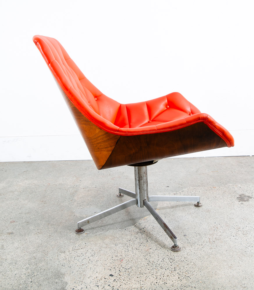 Mid Century Modern Lounge Chair Set Plycraft Orange Tufted Swivel Walnut Metal - Image 7