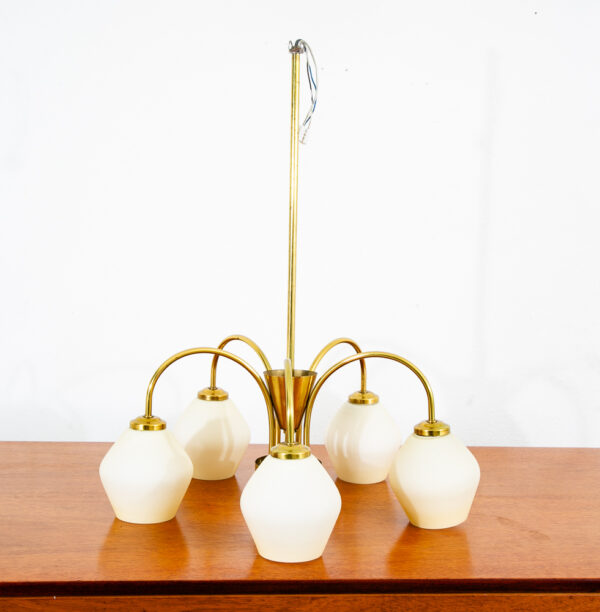 Mid Century Modern Chandelier Light Lamp Brass Glass 5 light Ceiling Fog & Morup - Image 5