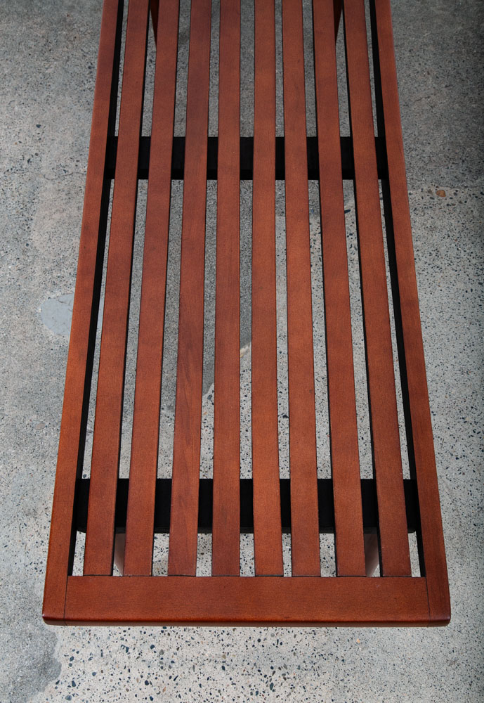 Mid Century Modern Slat Bench Coffee Table American Vintage Brown Wood Restored - Image 8