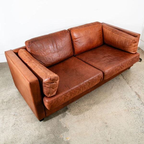 Mid Century Danish Modern Sofa Settee 2 Seater Cubist Brown Leather Denmark Mcm