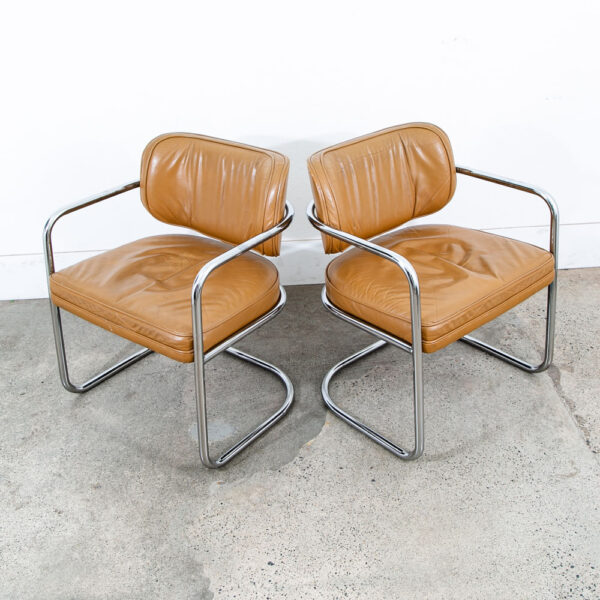 Mid Century Modern Lounge Chair Set Armchair Cognac Tan Caramel Leather Chrome 2 - Image 2