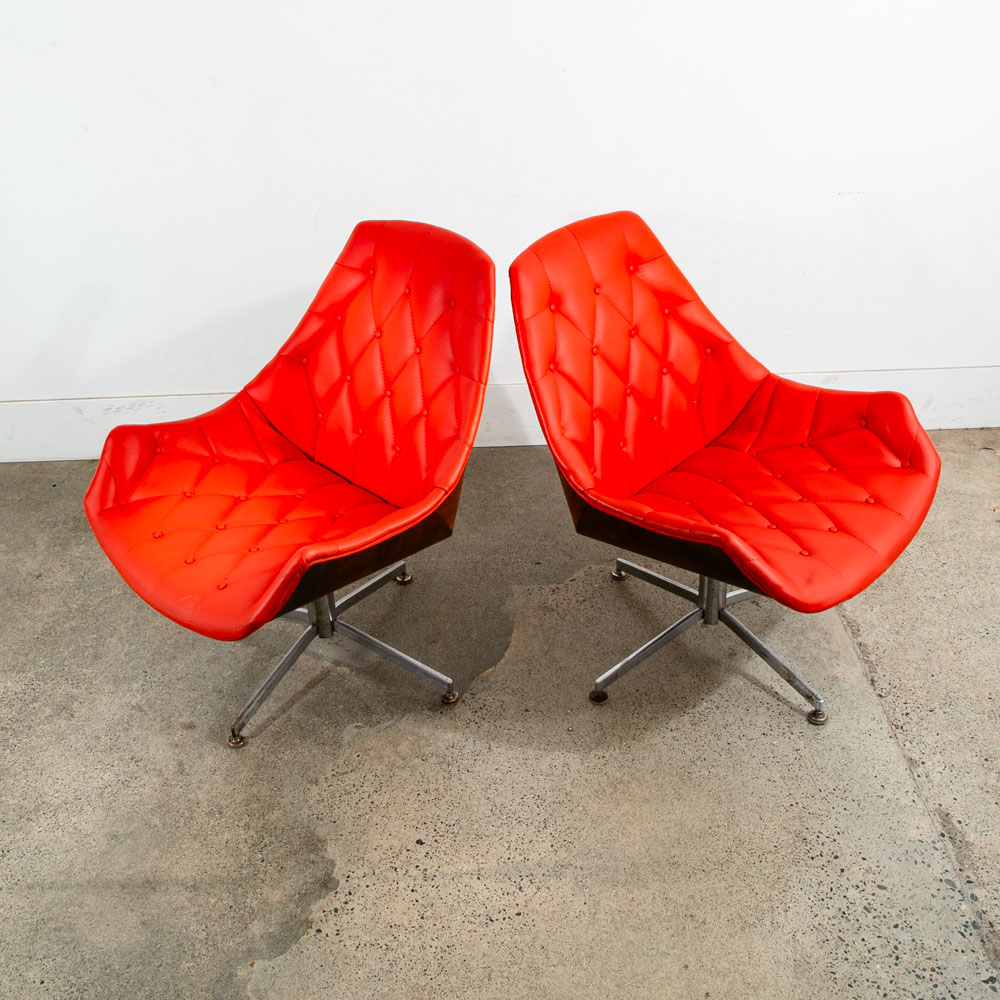 Mid Century Modern Lounge Chair Set Plycraft Orange Tufted Swivel Walnut Metal - Image 6