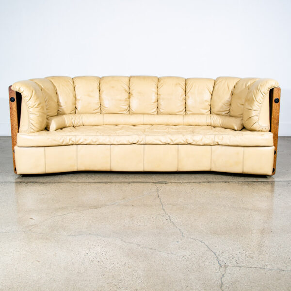 Mid Century Modern Sofa Couch 3 Seater Pacific Green Leather Natural Tan Wood VG - Image 2
