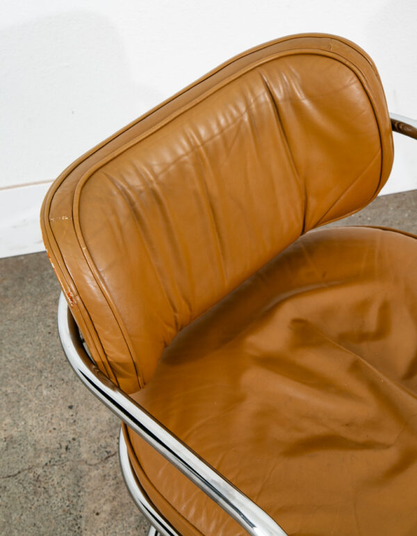 Mid Century Modern Lounge Chair Set Armchair Cognac Tan Caramel Leather Chrome 2 - Image 9
