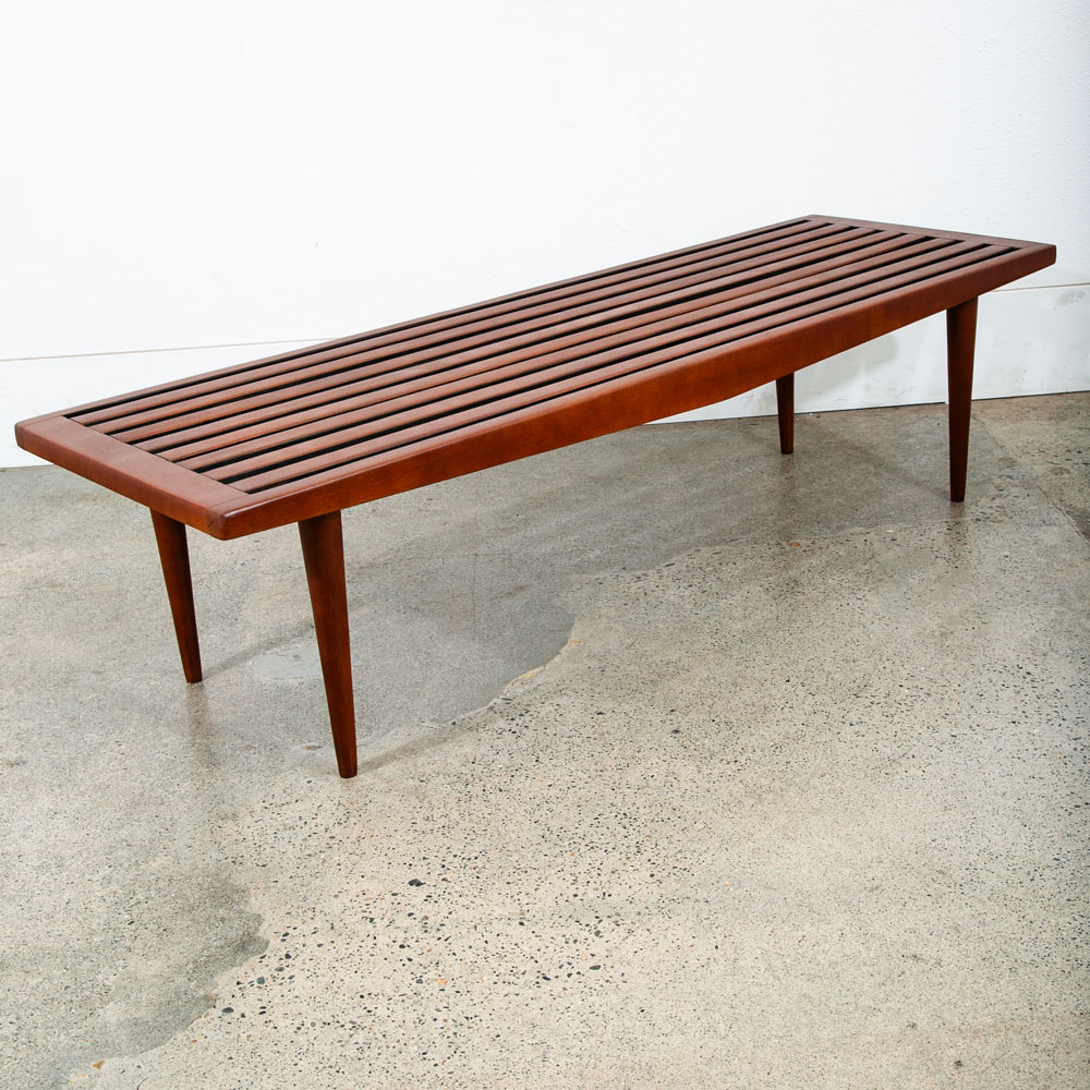 Mid Century Modern Slat Bench Coffee Table American Vintage Brown Wood Restored - Image 9