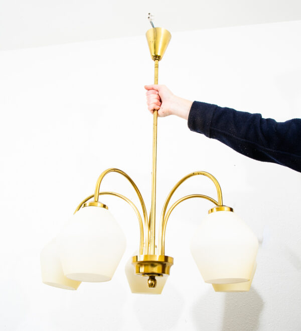 Mid Century Modern Chandelier Light Lamp Brass Glass 5 light Ceiling Fog & Morup - Image 2