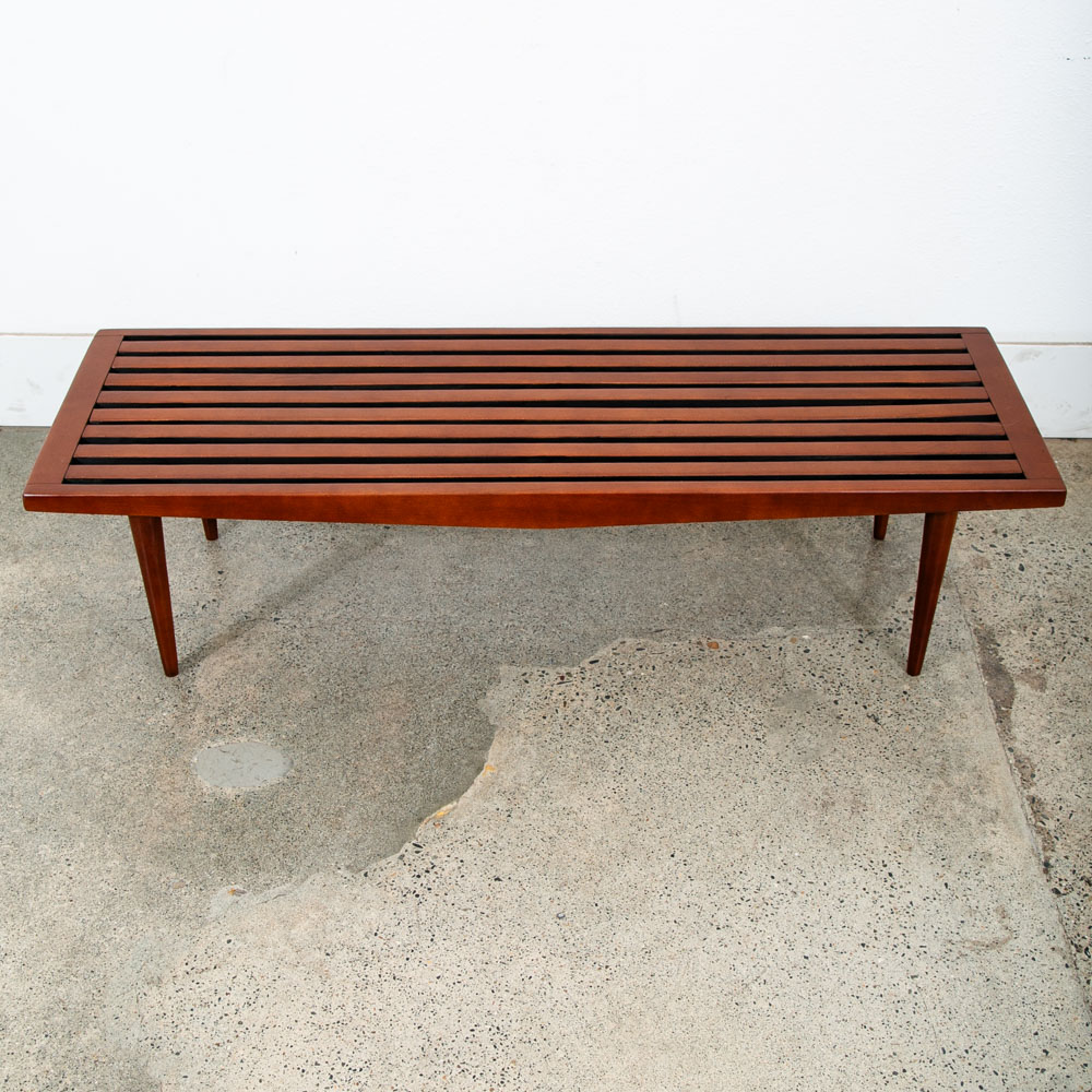 Mid Century Modern Slat Bench Coffee Table American Vintage Brown Wood Restored - Image 3
