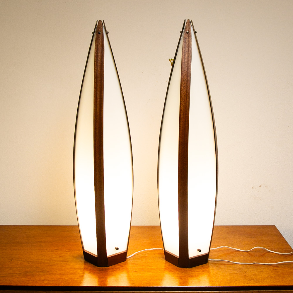 Mid Century Modern Lamp Set Table Light lighting Modeline Wood White Mahogany - Image 2