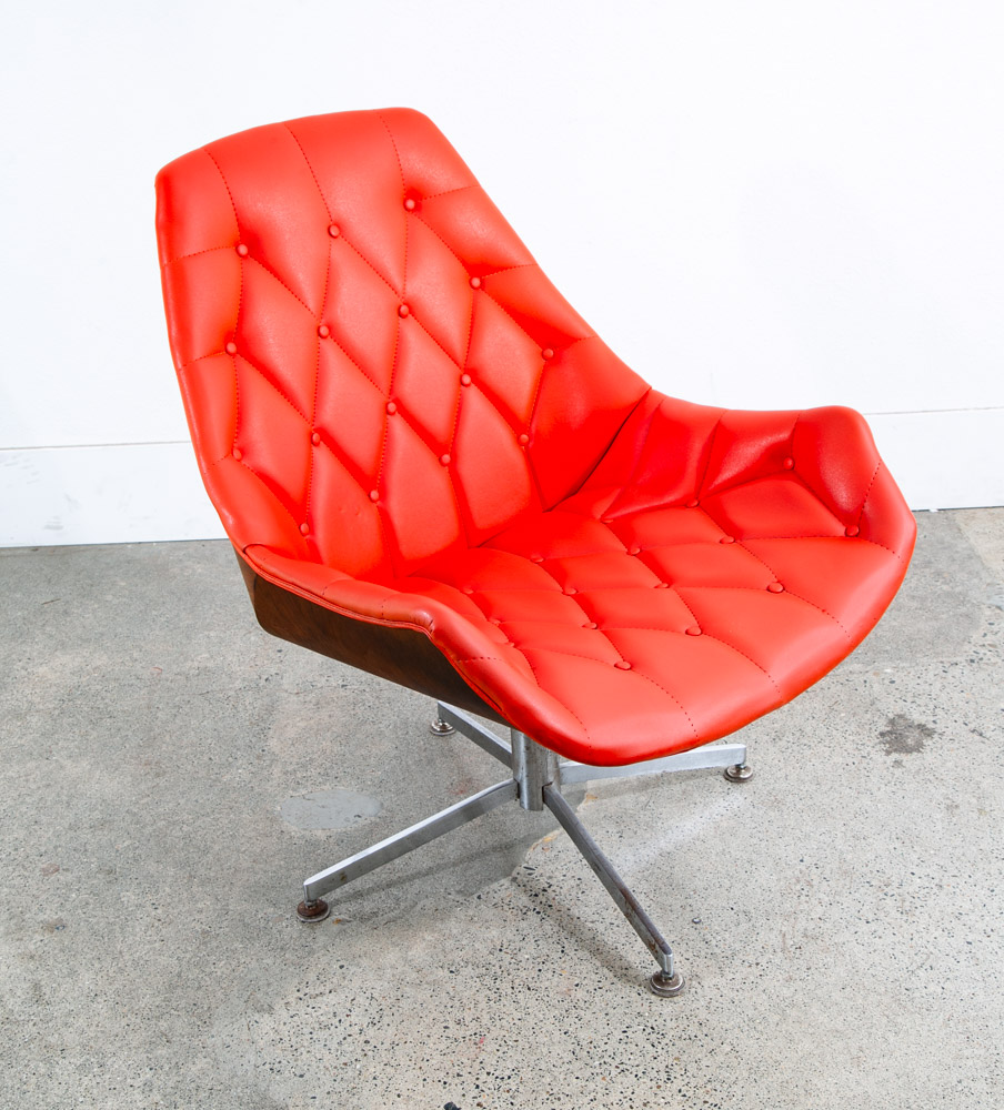 Mid Century Modern Lounge Chair Set Plycraft Orange Tufted Swivel Walnut Metal - Image 9