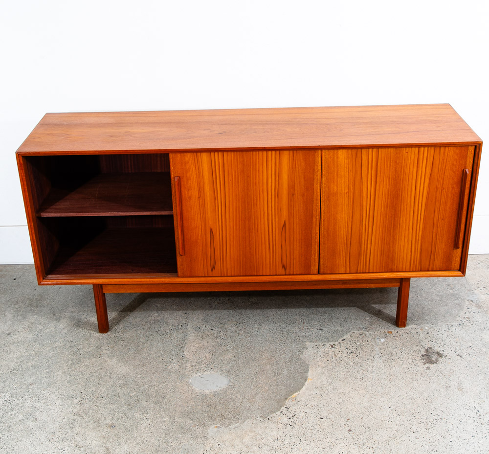 Mid Century Danish Modern Credenza Sideboard Teak Drawer 3 Doors Denmark Sliding - Image 6