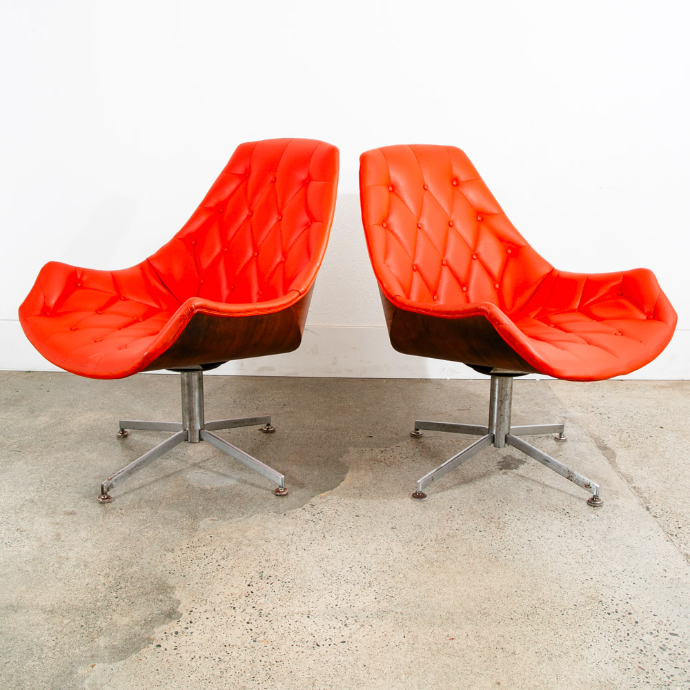 Mid Century Modern Lounge Chair Set Plycraft Orange Tufted Swivel Walnut Metal