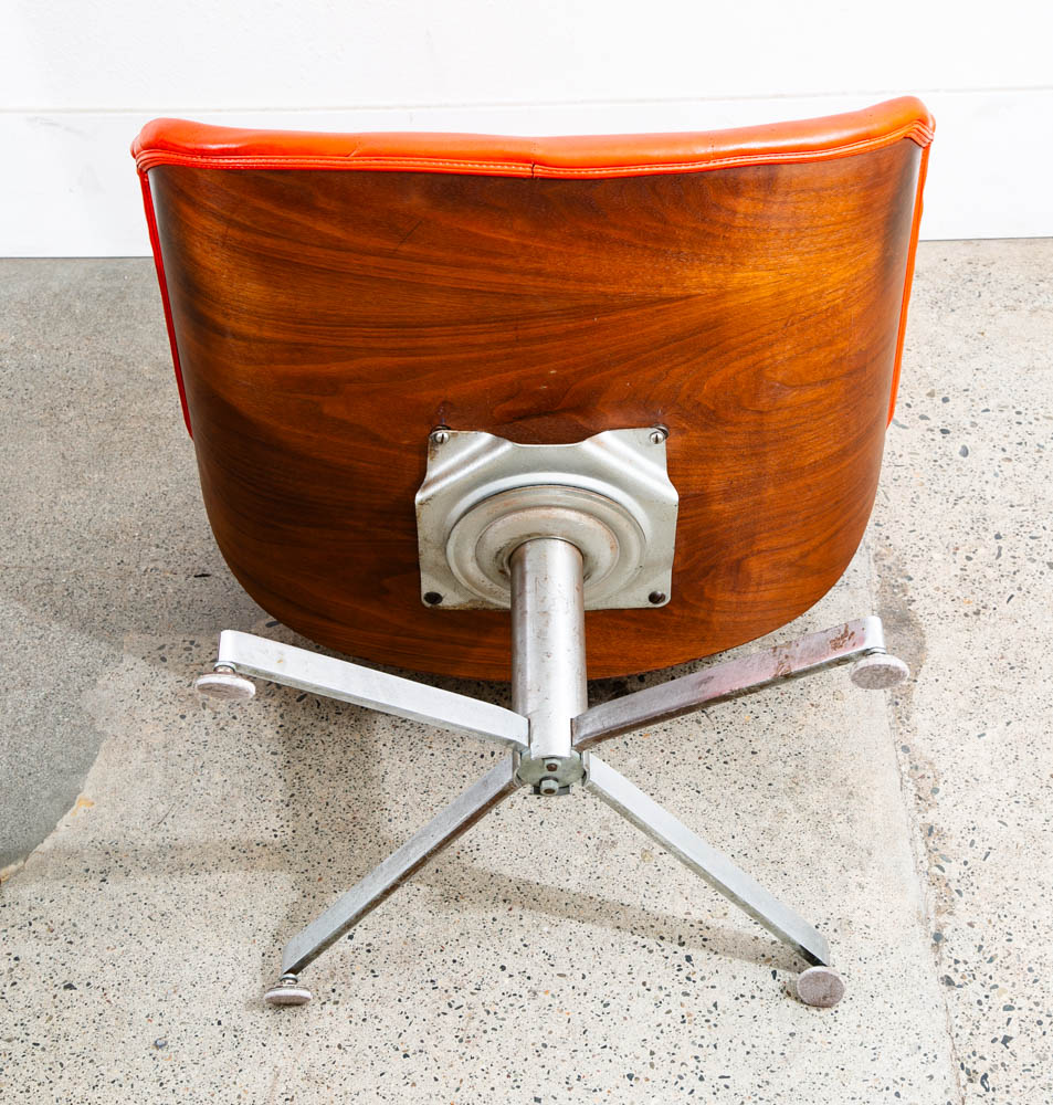 Mid Century Modern Lounge Chair Set Plycraft Orange Tufted Swivel Walnut Metal - Image 10