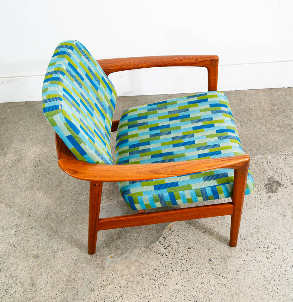 Mid Century Danish Modern Lounge Chair Folke Ohlsson Dux Sweden Teak Blue Green - Image 8