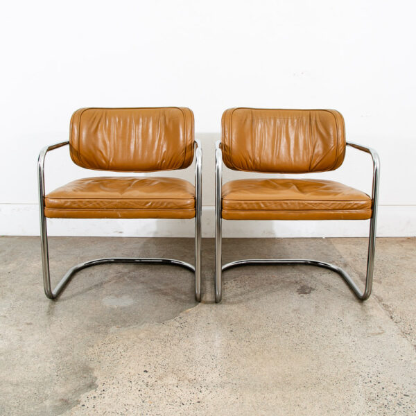 Mid Century Modern Lounge Chair Set Armchair Cognac Tan Caramel Leather Chrome 2 - Image 3