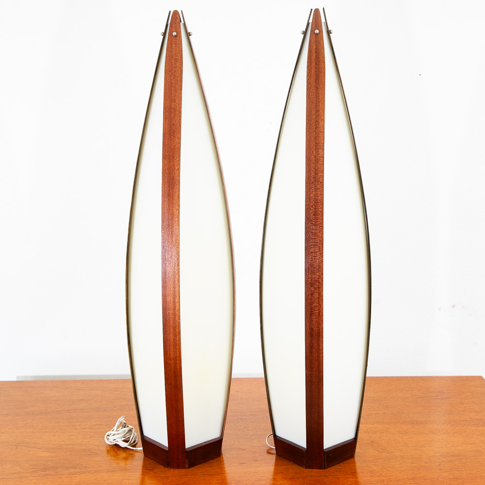 Mid Century Modern Lamp Set Table Light lighting Modeline Wood White Mahogany