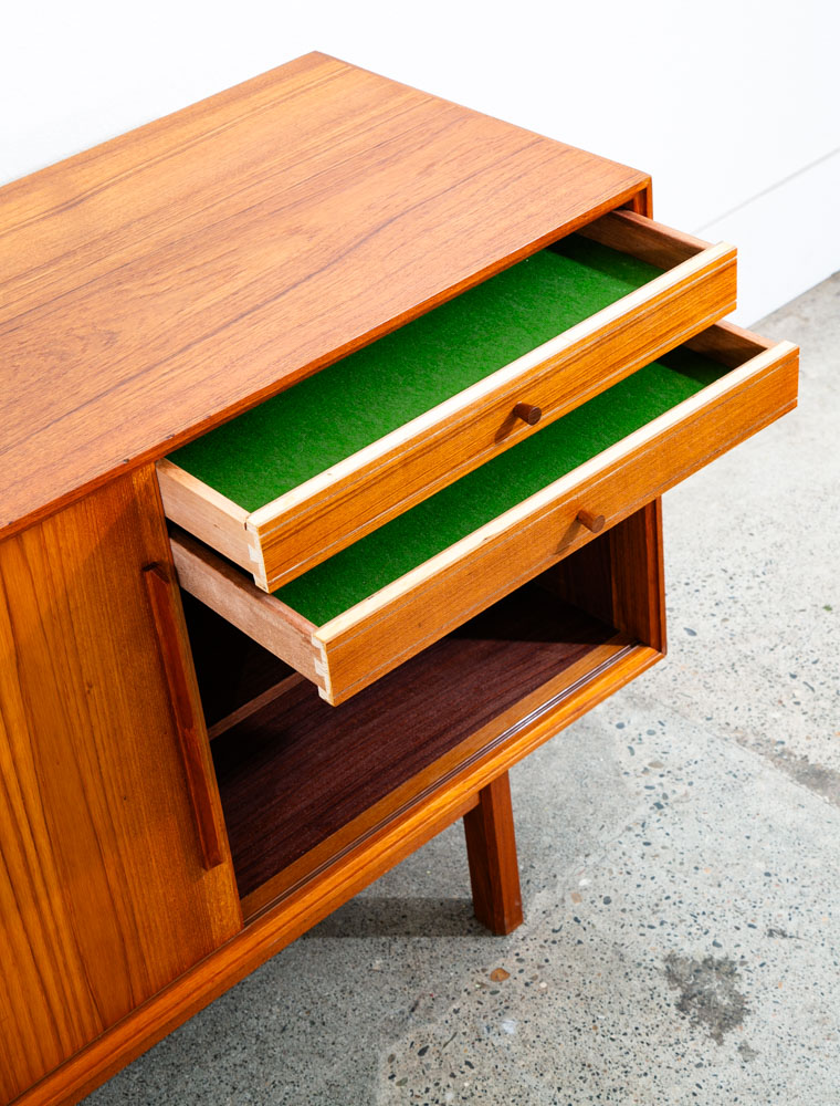 Mid Century Danish Modern Credenza Sideboard Teak Drawer 3 Doors Denmark Sliding - Image 5