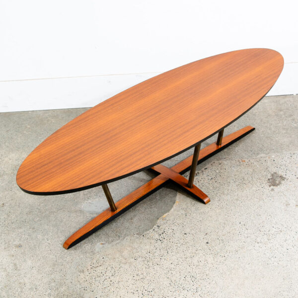 Mid Century Danish Modern Coffee Table Teak Oval Oak Refinished Surfboard Mcm