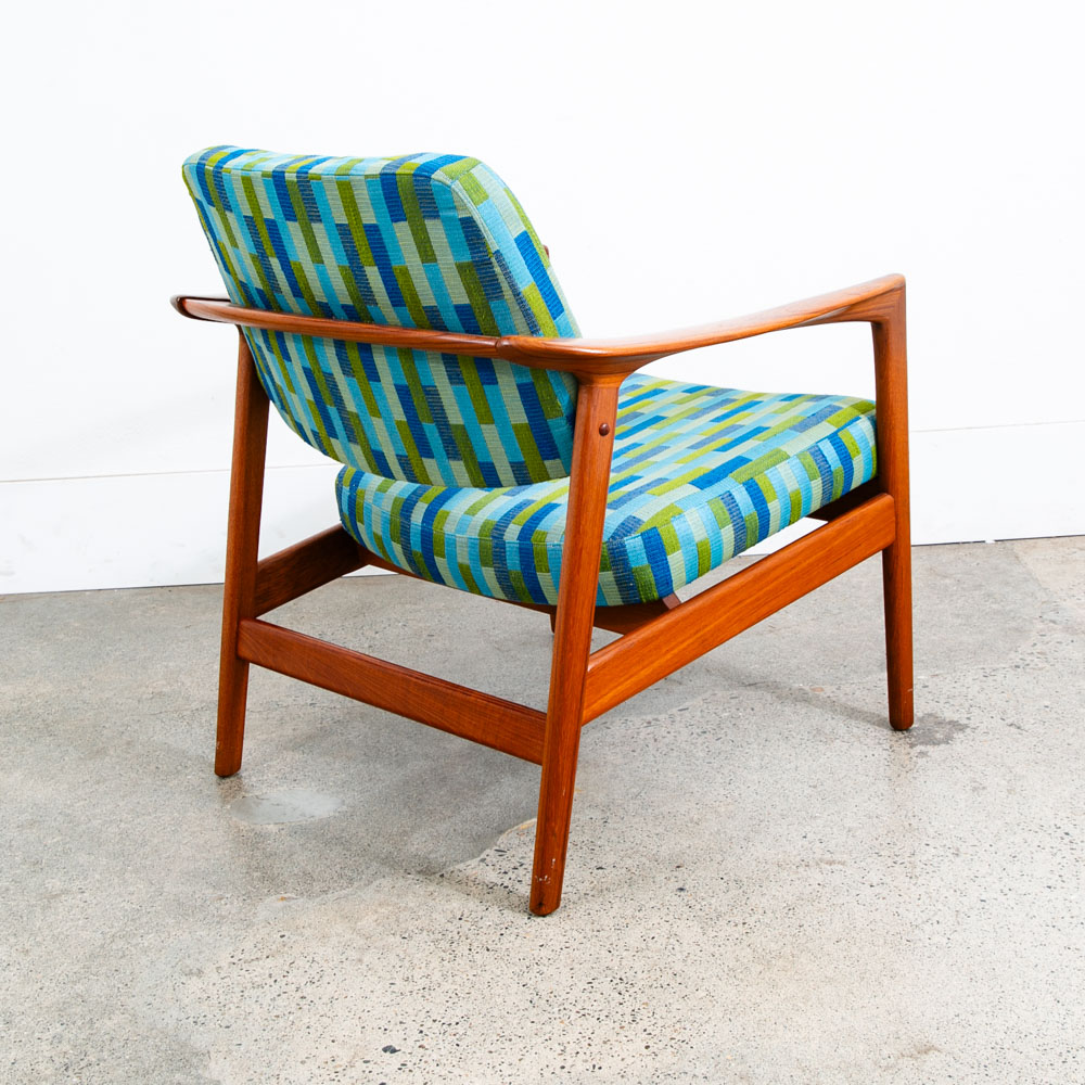 Mid Century Danish Modern Lounge Chair Folke Ohlsson Dux Sweden Teak Blue Green - Image 4