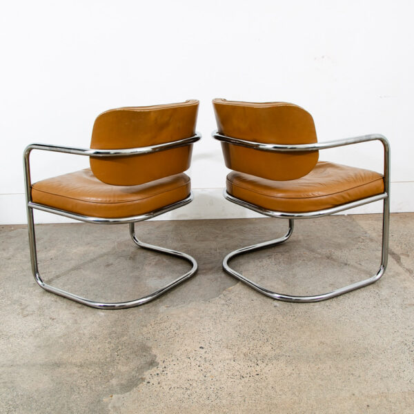 Mid Century Modern Lounge Chair Set Armchair Cognac Tan Caramel Leather Chrome 2 - Image 5