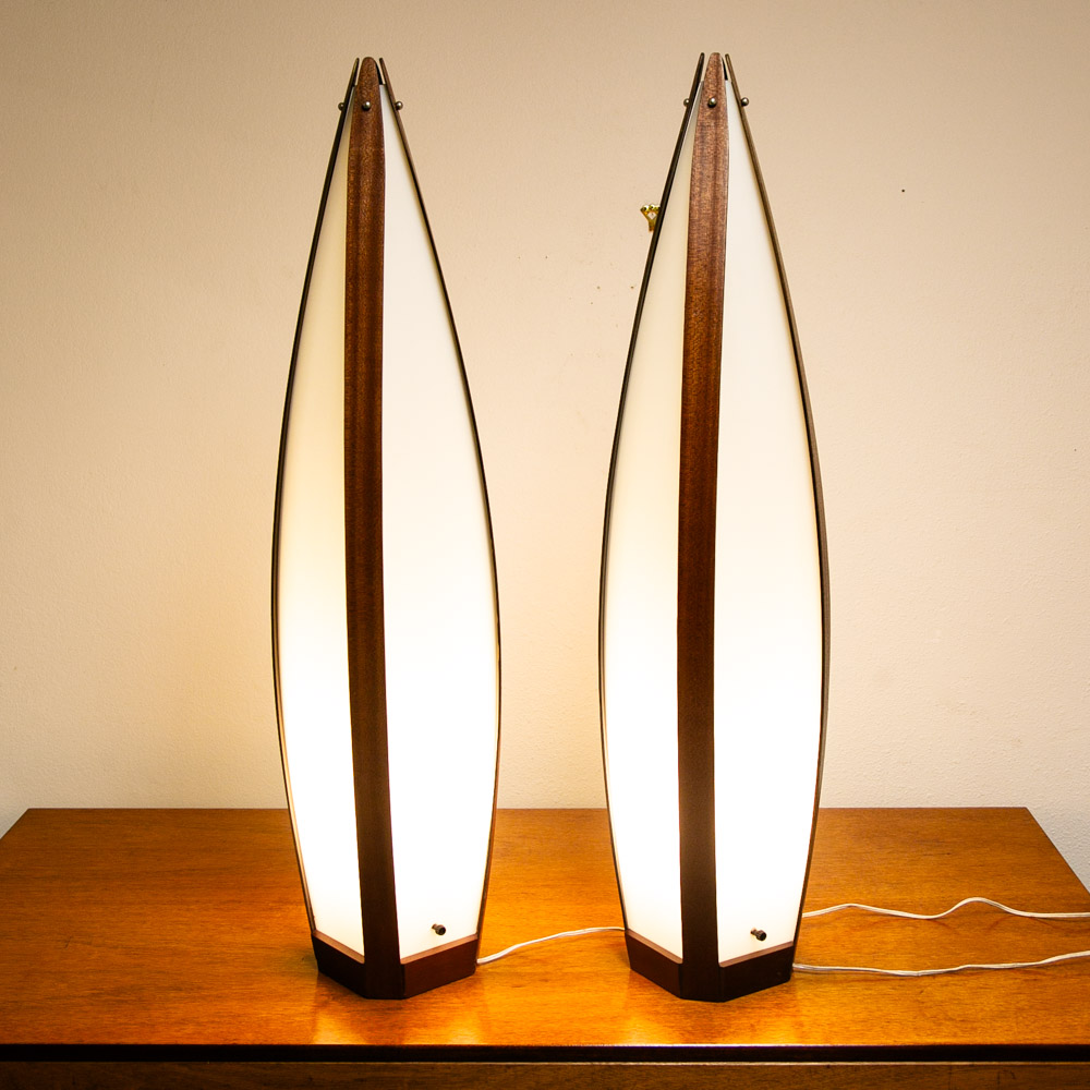 Mid Century Modern Lamp Set Table Light lighting Modeline Wood White Mahogany - Image 5