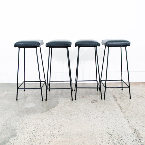 Mid Century Modern Bar Stools Black Wrought Iron Square Upholstered Cushion Mcm - Image 3