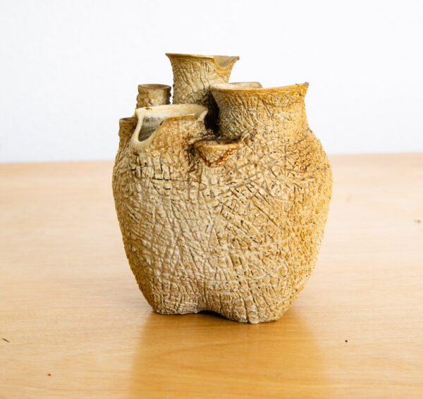 Mid Century Modern Weed Pot Ceramic Studio Signed Round Tan Textured Vintage Mcm - Image 4