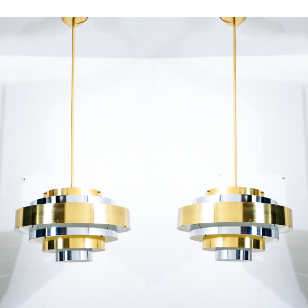 Mid Century Modern Chandelier Pendant Lamp Set Light Gold Brass Silver Feldman