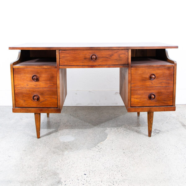 Mid Century Modern Desk Executive 5 Drawer Walnut Wood Restored Mcm Vintage - Image 2
