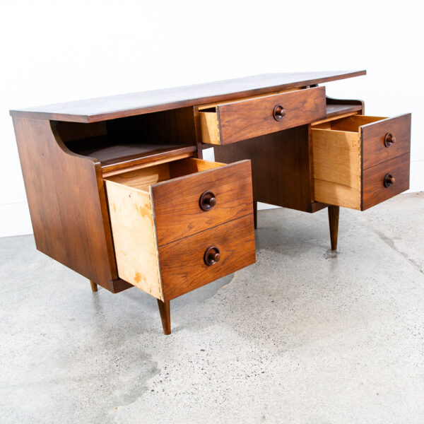 Mid Century Modern Desk Executive 5 Drawer Walnut Wood Restored Mcm Vintage - Image 7