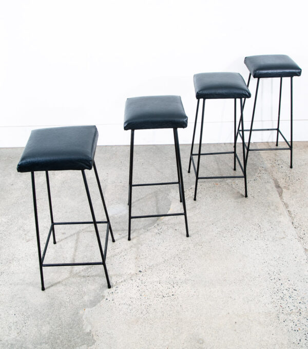 Mid Century Modern Bar Stools Black Wrought Iron Square Upholstered Cushion Mcm