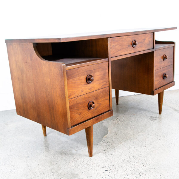 Mid Century Modern Desk Executive 5 Drawer Walnut Wood Restored Mcm Vintage - Image 12