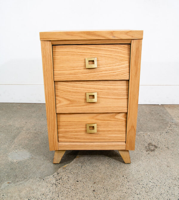 Mid Century Modern Nightstand End Side Tables Morris California Oak 3 Drawers Refinished Brass Gold - Image 2