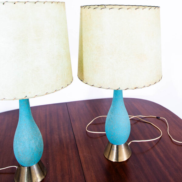 Mid Century Modern Lamp Set Teal and Brass Base Table Ceramic American Design MCM - Image 4
