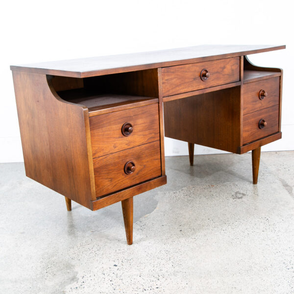 Mid Century Modern Desk Executive 5 Drawer Walnut Wood Restored Mcm Vintage