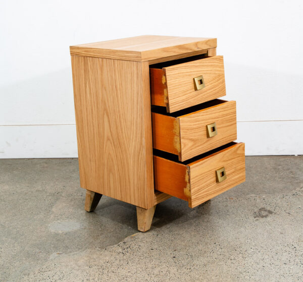 Mid Century Modern Nightstand End Side Tables Morris California Oak 3 Drawers Refinished Brass Gold - Image 5
