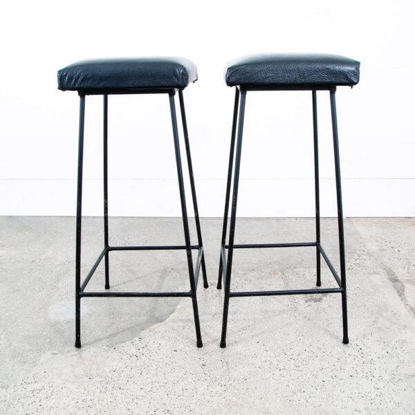 Mid Century Modern Bar Stools Black Wrought Iron Square Upholstered Cushion Mcm - Image 9