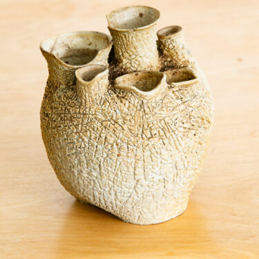 Mid Century Modern Weed Pot Ceramic Studio Signed Round Tan Textured Vintage Mcm