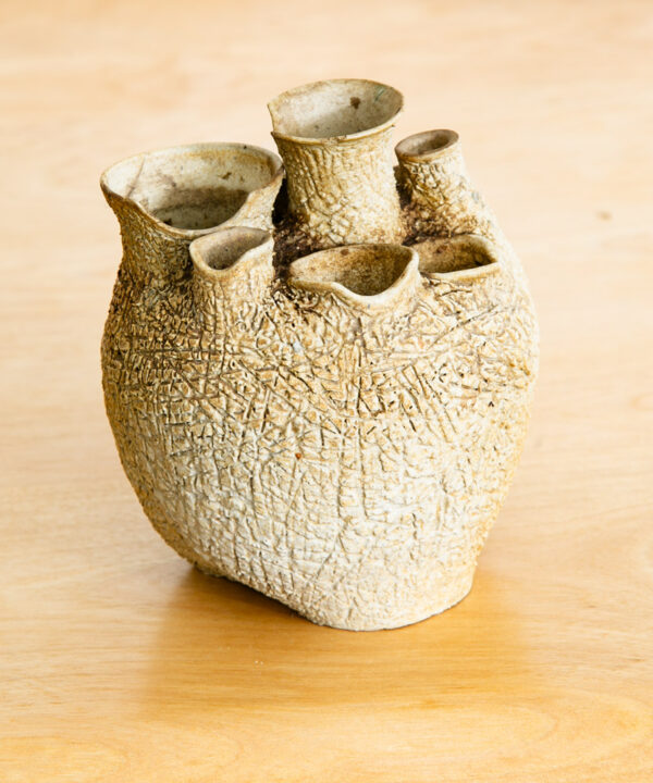 Mid Century Modern Weed Pot Ceramic Studio Signed Round Tan Textured Vintage Mcm