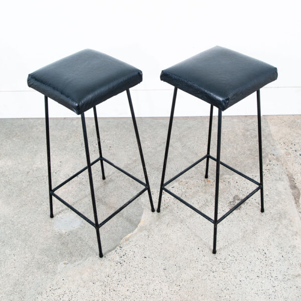 Mid Century Modern Bar Stools Black Wrought Iron Square Upholstered Cushion Mcm - Image 6