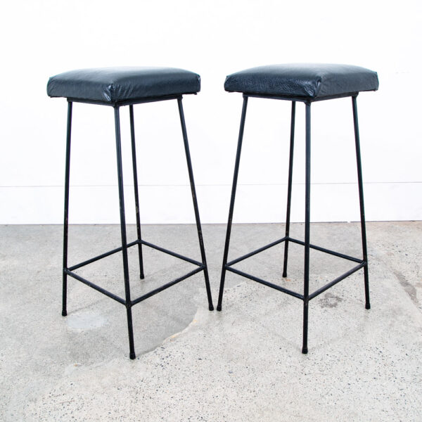 Mid Century Modern Bar Stools Black Wrought Iron Square Upholstered Cushion Mcm - Image 8