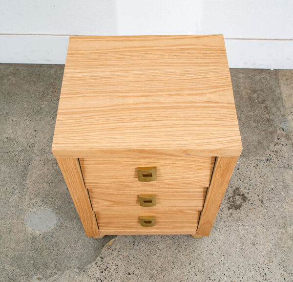 Mid Century Modern Nightstand End Side Tables Morris California Oak 3 Drawers Refinished Brass Gold - Image 9