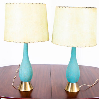 Mid Century Modern Lamp Set Teal and Brass Base Table Ceramic American Design MCM