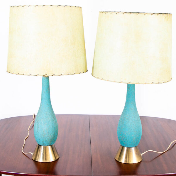 Mid Century Modern Lamp Set Teal and Brass Base Table Ceramic American Design MCM