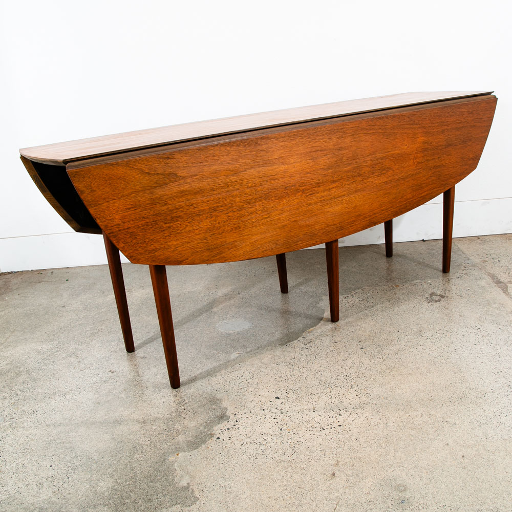Mid Century Modern Dining Table Drop Leaf Walnut Oval Draw Leg 6 Legs Restored - Image 3